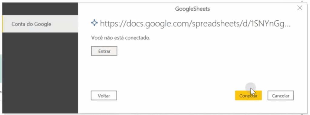 Página para conexão com o Google