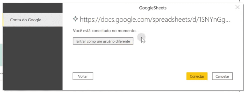 Página após a conexão com o Google