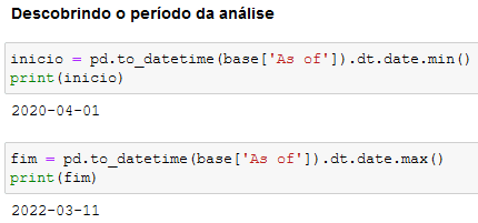 Verificando o período de análise