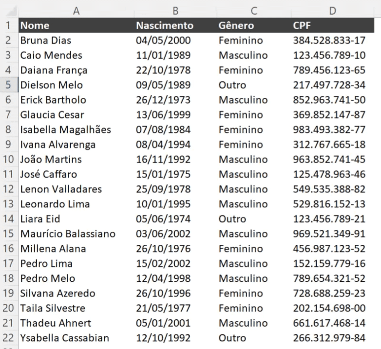 Cadastro de Clientes no Excel - Com Formulário e Macro 2 Base de dados inicial