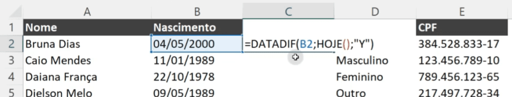 Cadastro de Clientes no Excel - Com Formulário e Macro 3 Inserindo a coluna de idade