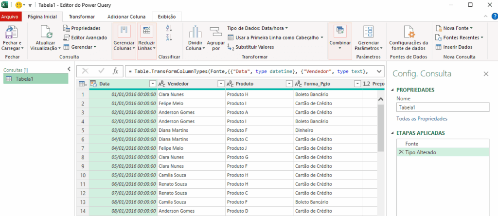 Ambiente do Power Query Excel com base carregada