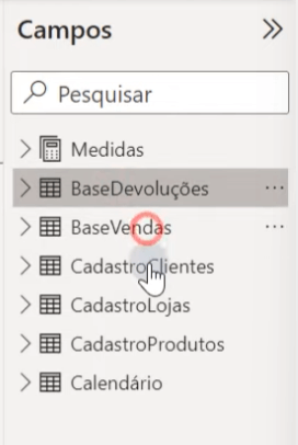 Visualizando todas as tabelas, cálculos e relacionamentos no arquivo em branco