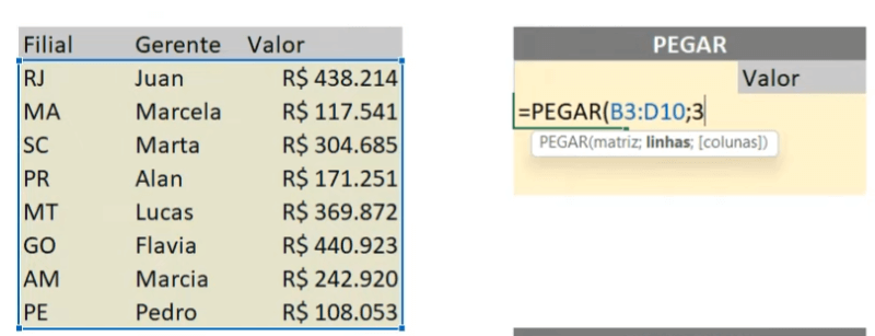 Função PEGAR