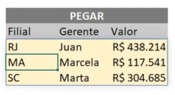 Resultado da função PEGAR