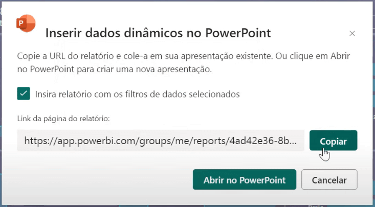 Campo para inserir o link do relatório Power BI no PowerPoint