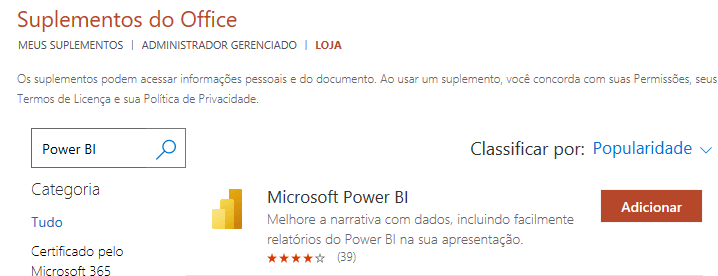 Suplemento Power BI no PowerPoint