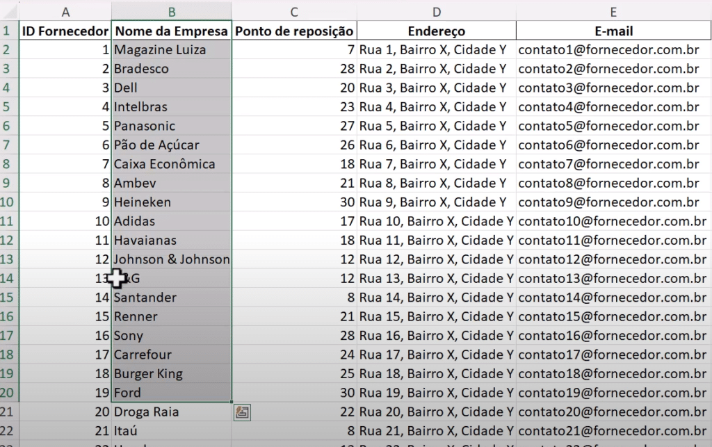 planilha com dados dos fornecedores