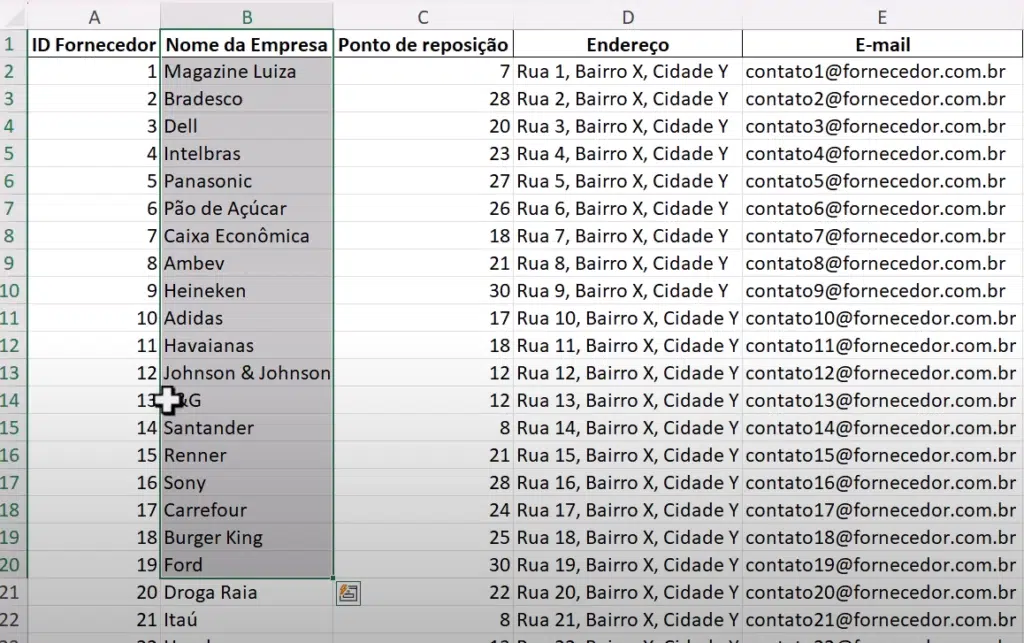 planilha com dados dos fornecedores