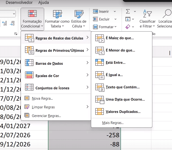 opções de formatação condicional no menu