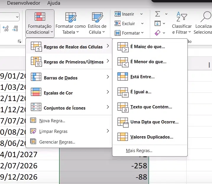 opções de formatação condicional no menu