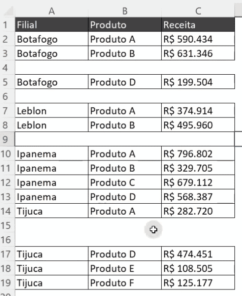 Base de dados com linhas em branco