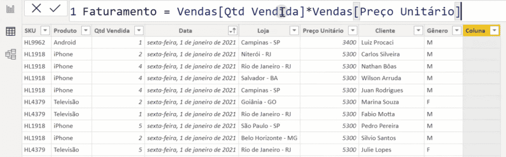 Criando coluna de faturamento