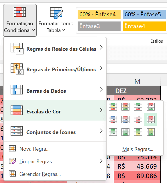 Inserindo escala de cor na tabela