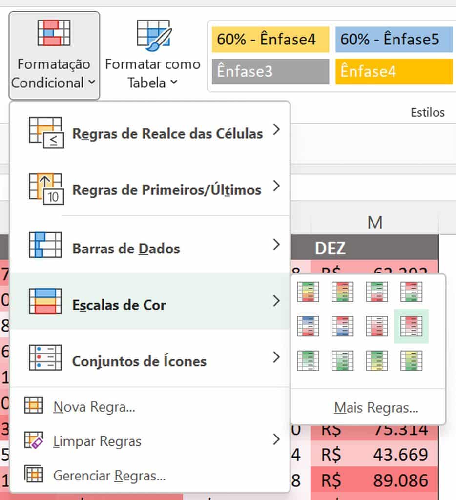 Configuração de escalas de cor para mapa de calor no Excel.