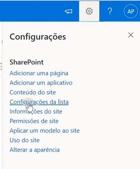 Configurações da lista do SharePoint