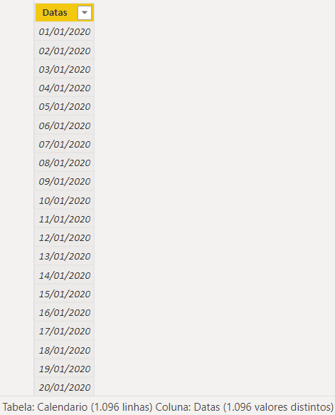 Fórmula CALENDAR no Power BI