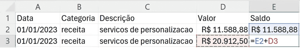 o cálculo do saldo