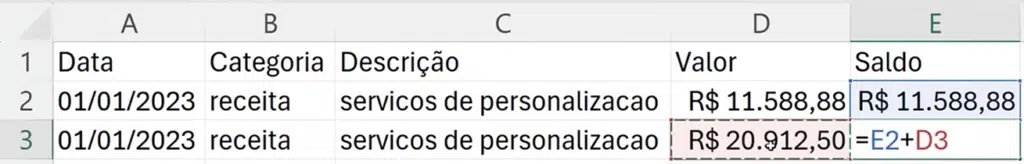 o cálculo do saldo