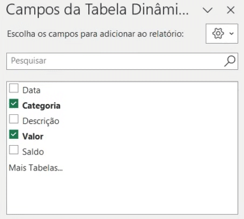 Campos da Tabela Dinâmica