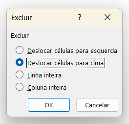 Deslocar células para cima 