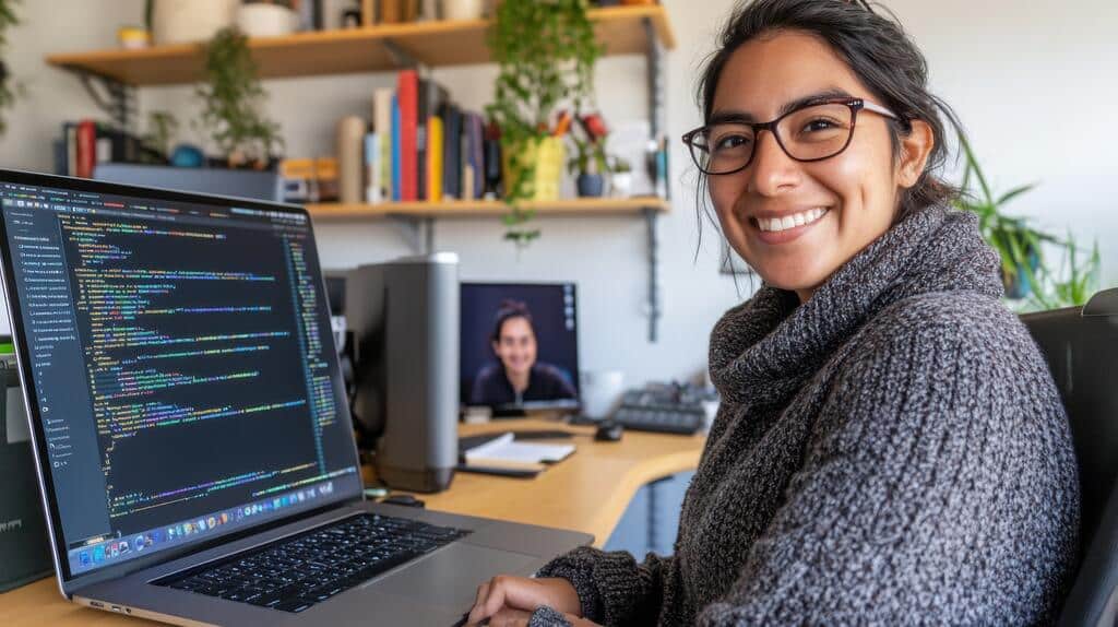 Desenvolvedora programando em notebook depois de ler livros sobre Python.