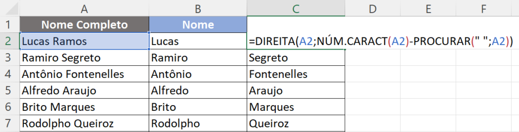 Função DIREITA + NÚM.CARACT + PROCURAR