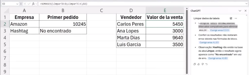 Correção de fórmulas com erro usando ChatGPT no Excel