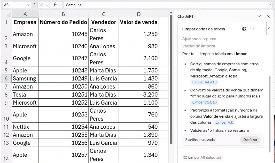 Limpeza de dados com ChatGPT no Excel