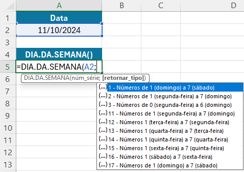 Função DIA.DA.SEMANA, selecionando o dia inicial