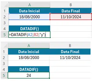 Cálculo de anos com datadif