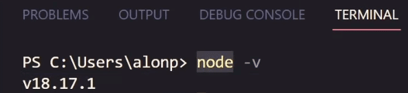 Terminal exibindo a versão do NodeJS