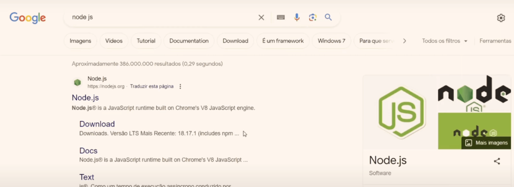 Buscando NodeJS no Google