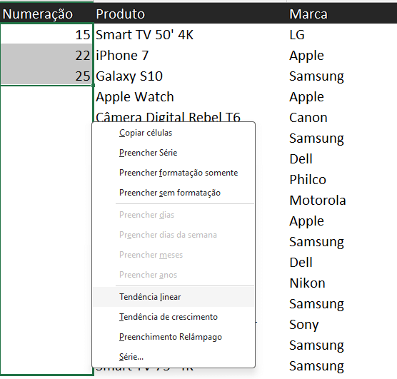 Preenchendo números para aplicar tendência linear