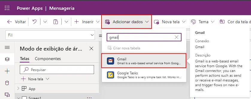 Buscando Gmail na aba Adicionar dados