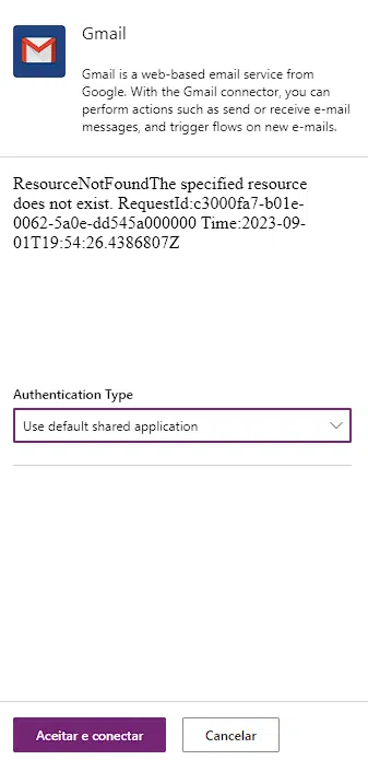 Aceitando conectar o Power Apps ao Gmail