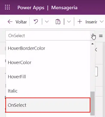 Selecionando a opção OnSelect