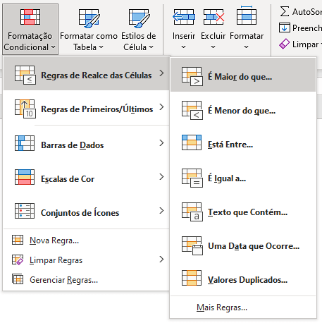 Selecionando Regras de Realce das Células – É maior do que