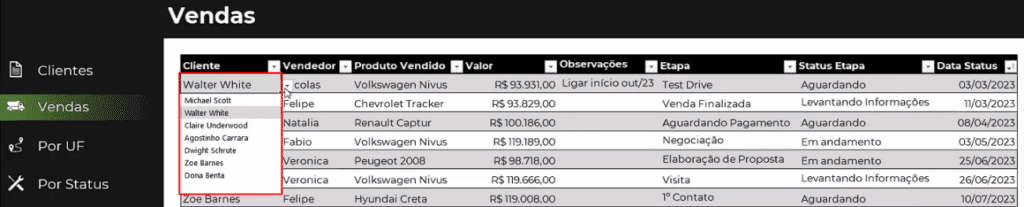 Selecionando os clientes na planilha de vendas
