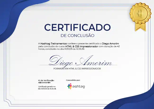 Certificado do HTML & CSS Impressionador da Hashtag Treinamentos