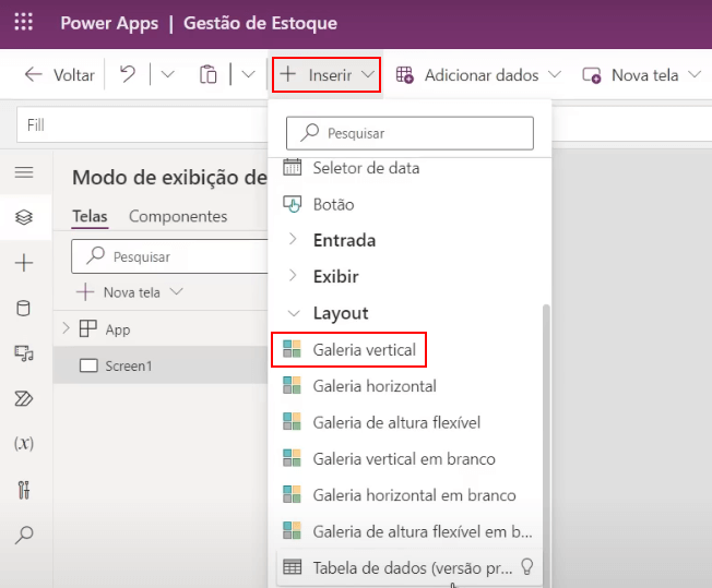 App de Controle de Estoque Power Apps – Começando do Zero! 19 Criando galeria no power apps