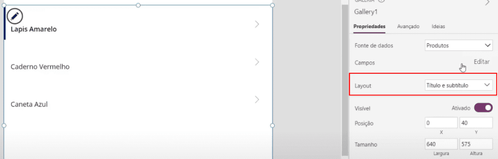 App de Controle de Estoque Power Apps – Começando do Zero! 27 Alterando opção em Layout. Substituindo a opção atual para apenas Título e subtítulo