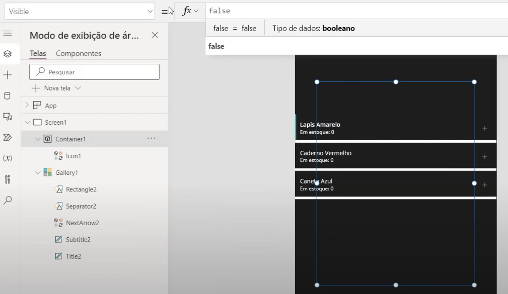 App de Controle de Estoque Power Apps – Começando do Zero! 41 Alterando a propriedade para false