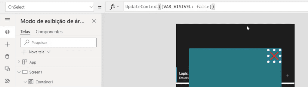 App de Controle de Estoque Power Apps – Começando do Zero! 43 Definindo a função UpdateContext e alterando a variável para False
