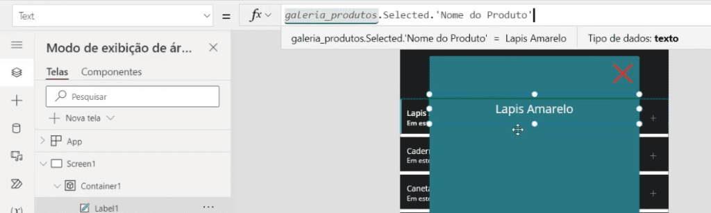 App de Controle de Estoque Power Apps – Começando do Zero! 46 Alterando a propriedade text