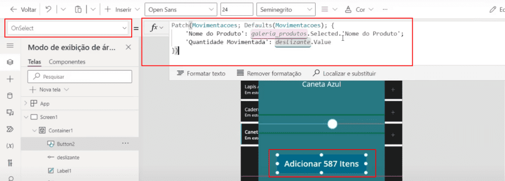 App de Controle de Estoque Power Apps – Começando do Zero! 51 Definindo a função do botão
