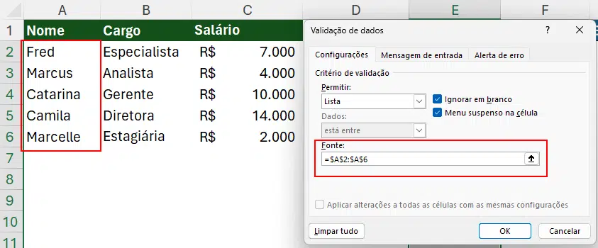Validação de dados lista