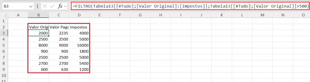 Criando a tabela com a função filtro