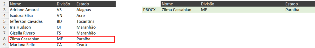 Resultado PROCX no Excel