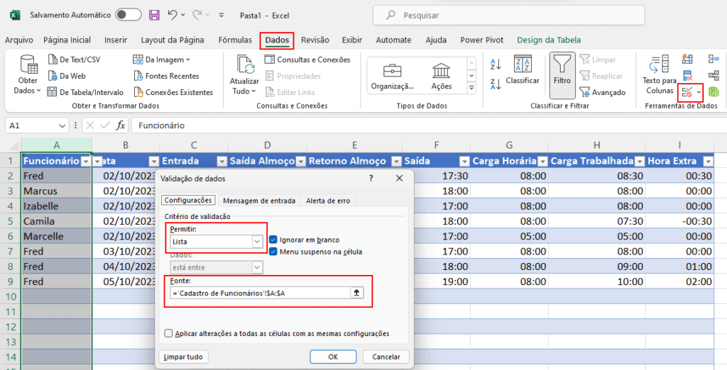 Planilha de Horas Trabalhadas Excel – Planilha Automática 15 Validação de Dados